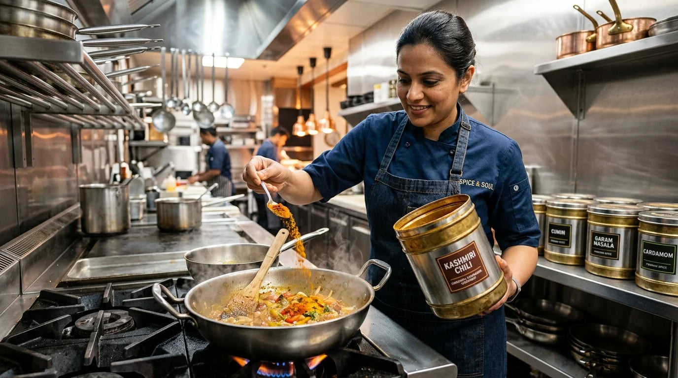 Professional chef preparing food with Indian spices