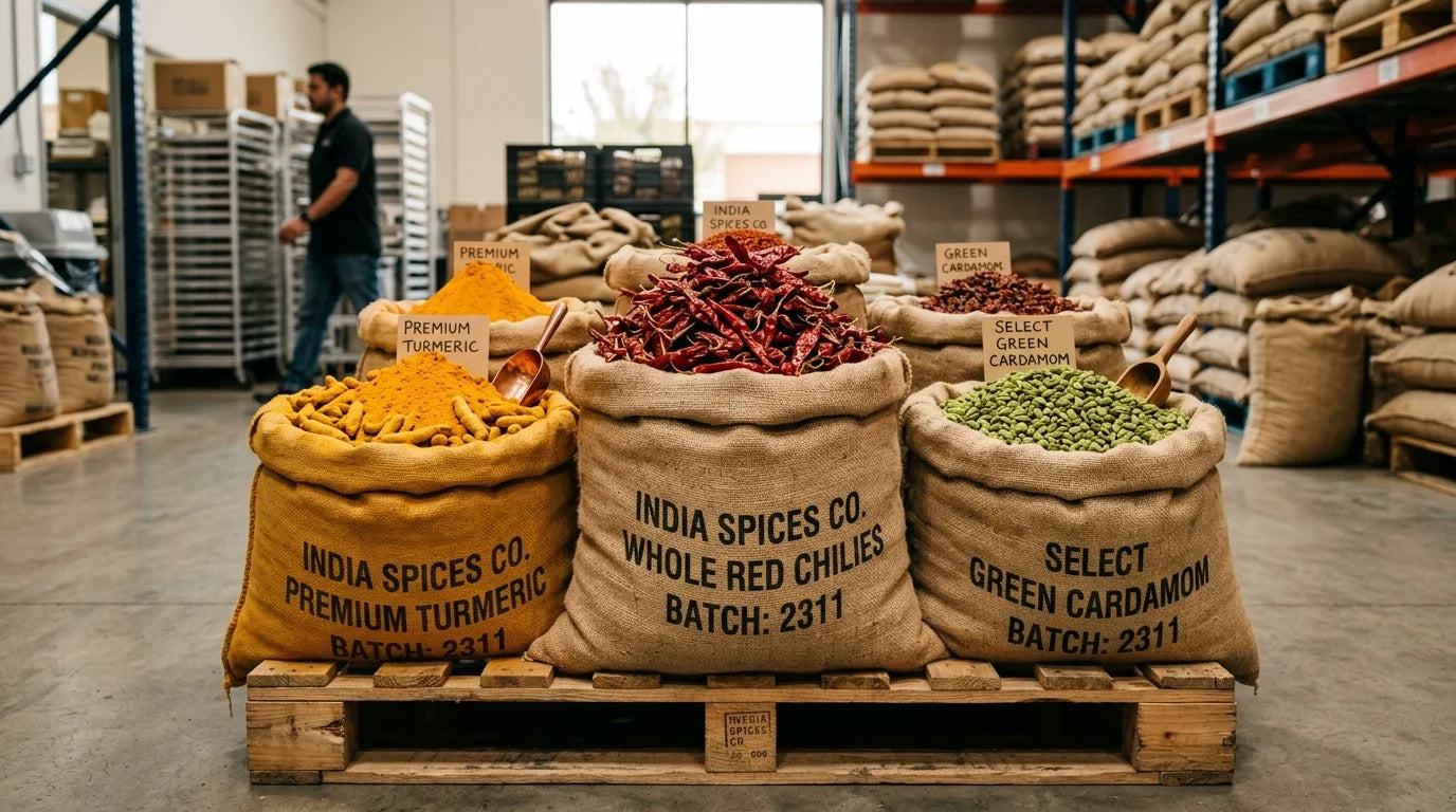 Burlap sacks of bulk Indian spices in a warehouse